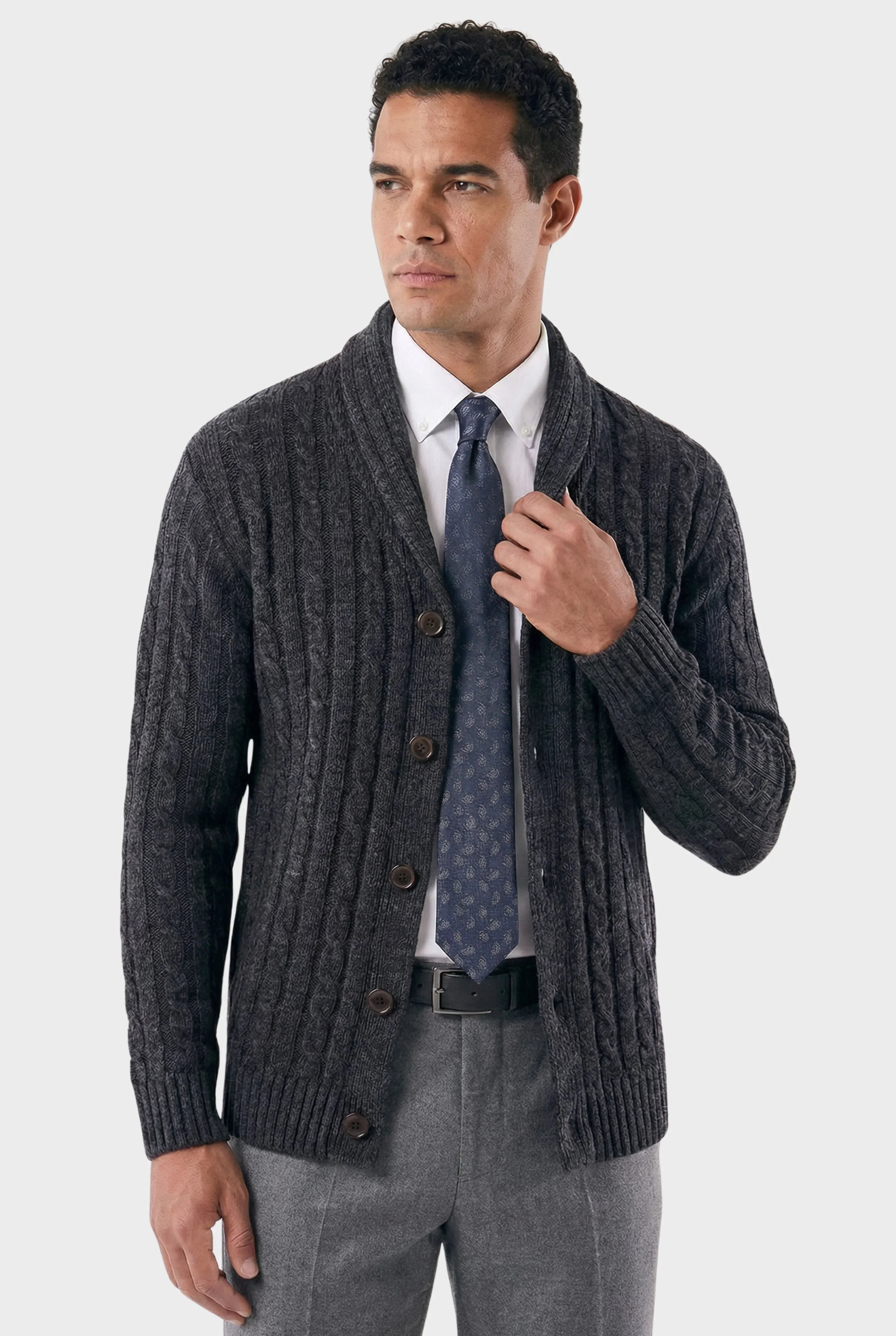 Men's Thick Cardigan with Shawl Collar and Braided Stitch | Ventorini