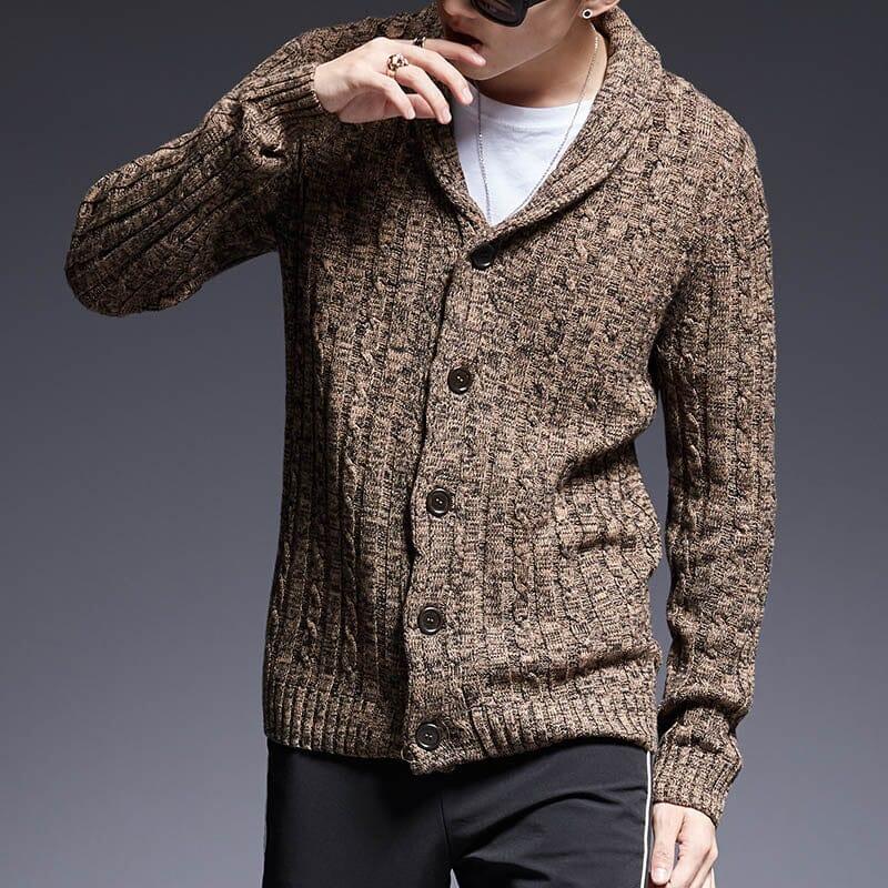 Men's Thick Cardigan with Shawl Collar and Braided Stitch | Ventorini